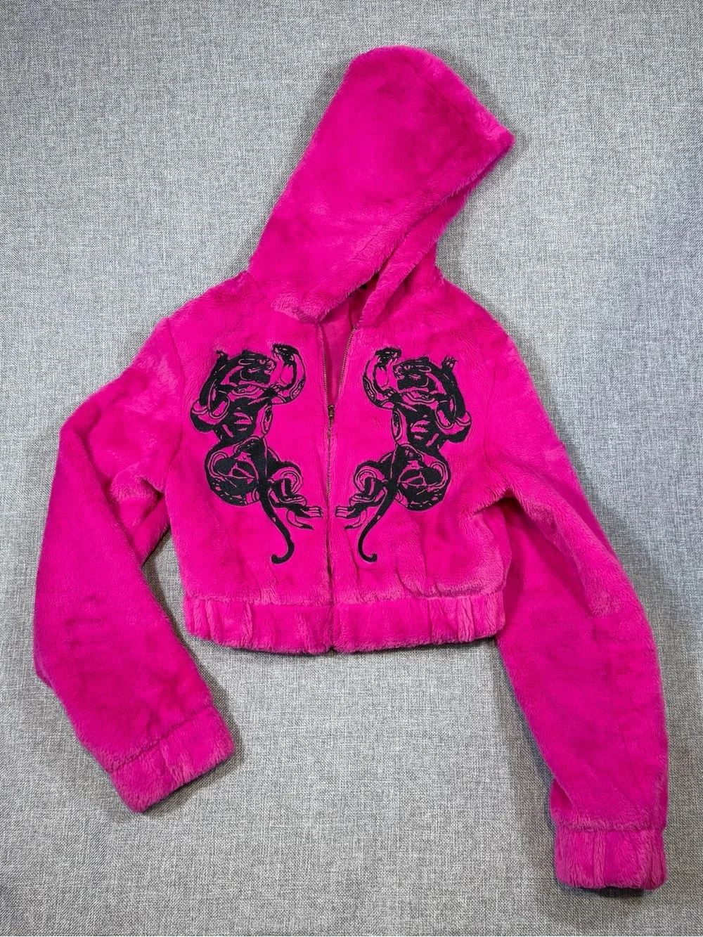 Ed Hardy Hot Pink Faux Fur Cropped Hooded Jacket with Black Panther Motif